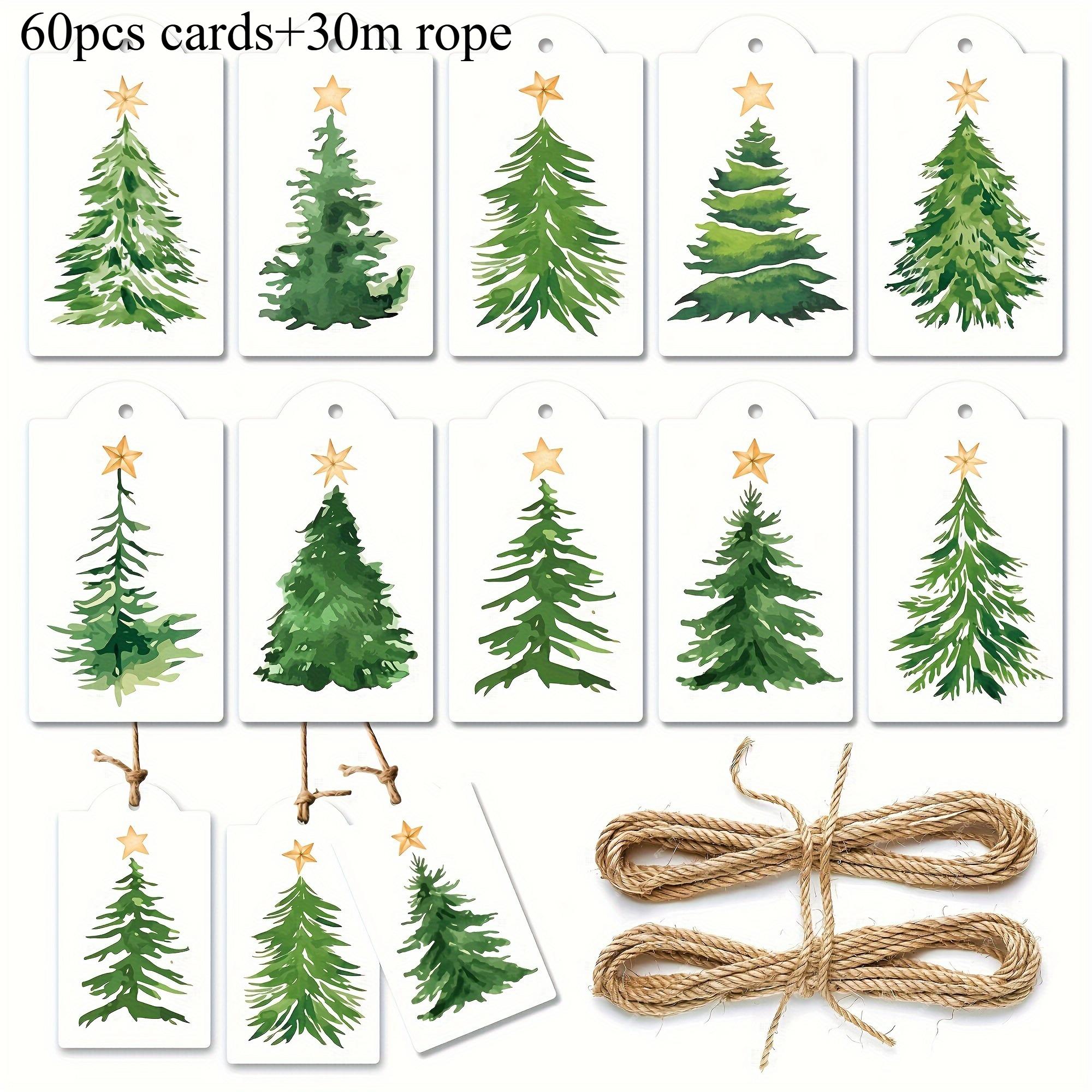 

60 шт. Карточки Рождество Акварель Сосна Подарочные бирки Праздничные подвесные бирки Украшение подарочной коробки Подарочные бирки с 30 м пеньковой веревкой
