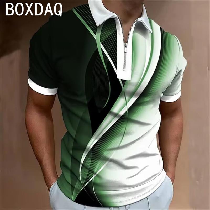 Herren Sommer Golf Poloshirt, 3D gestreiftes, herabgesetztes, bedrucktes Freizeitshirt, übergroßes Oberteil, Herren Sommer T-Shirt mit Kragen und kurzen Ärmeln
