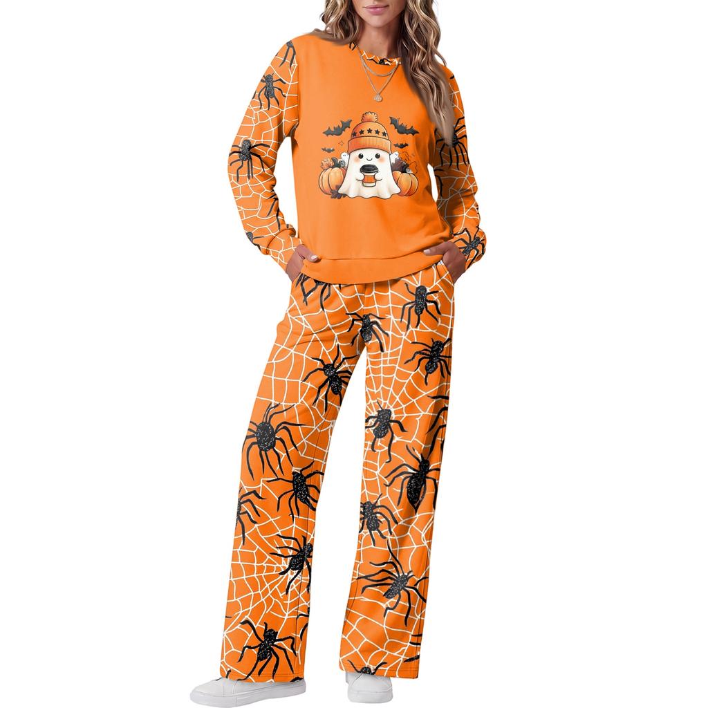 Women's Casual Loose Fit Crewneck Halloween Print Sweatshirt and Pants Set