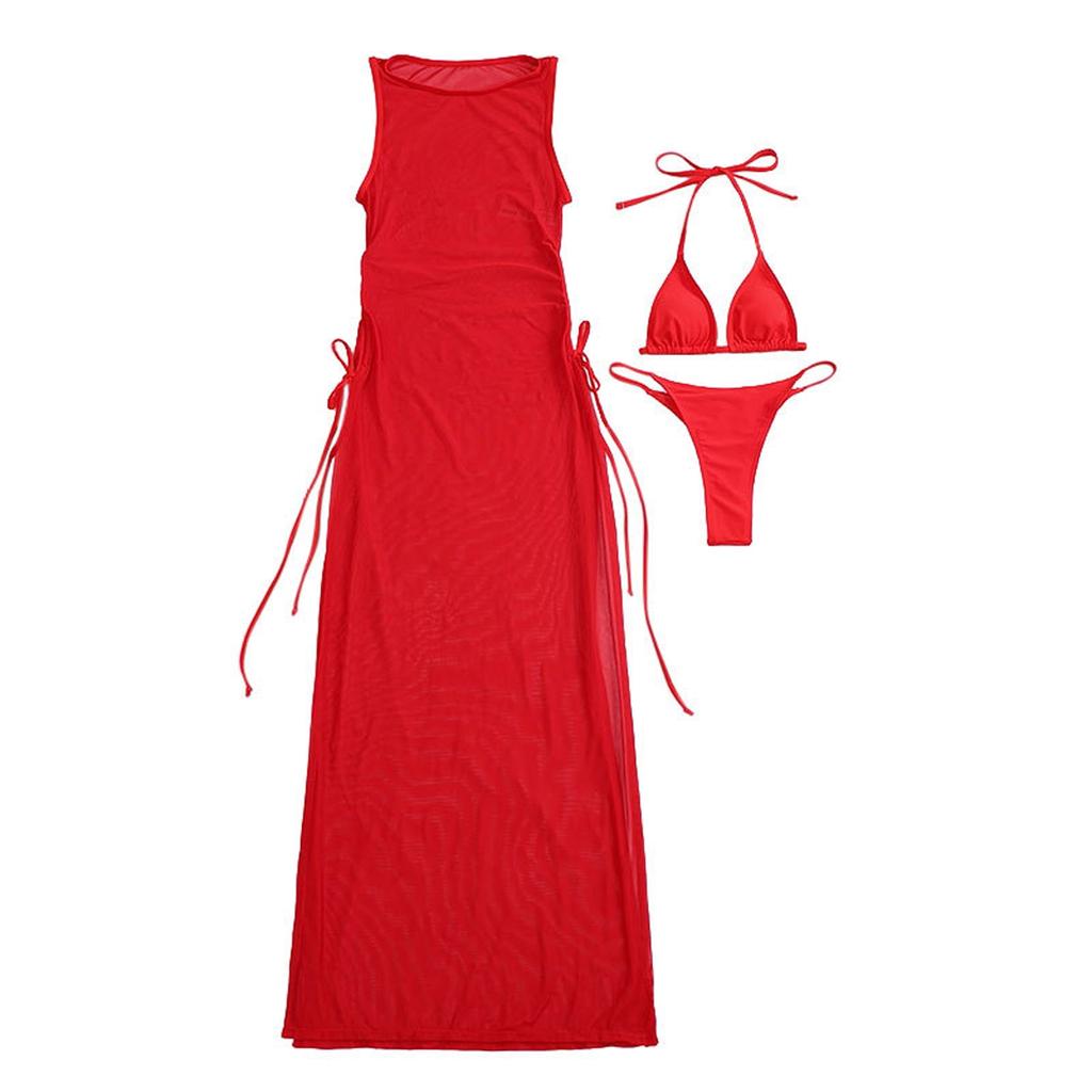 Women's Three-Piece Mesh Cover-Up Set Bikini with Padded Bra Wireless Swimsuit Sheer Maxi Dress Side Tie Beachwear