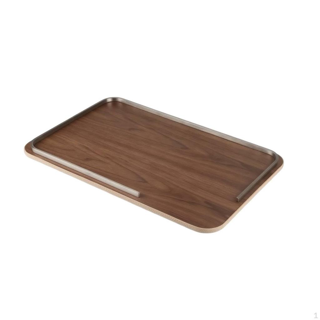 Wood Tray with Metal Rims Decorative Rectangular Rounded Corners Minimalist for Coffee