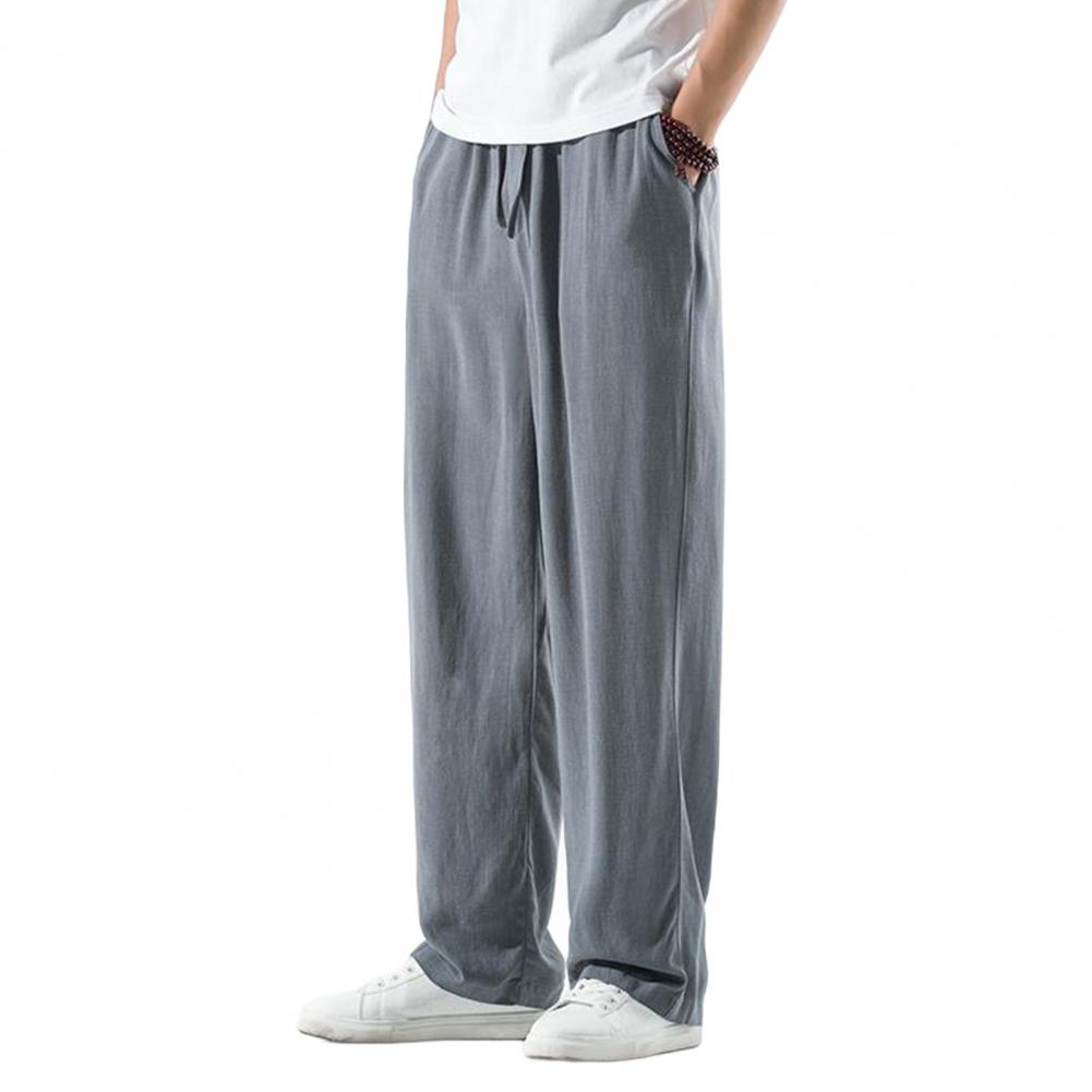 Men Pants Drawstring Elastic Waist Straight Leg Loose Solid Color Pockets Daily Wear Casual Sport Trousers Long Sweatpants