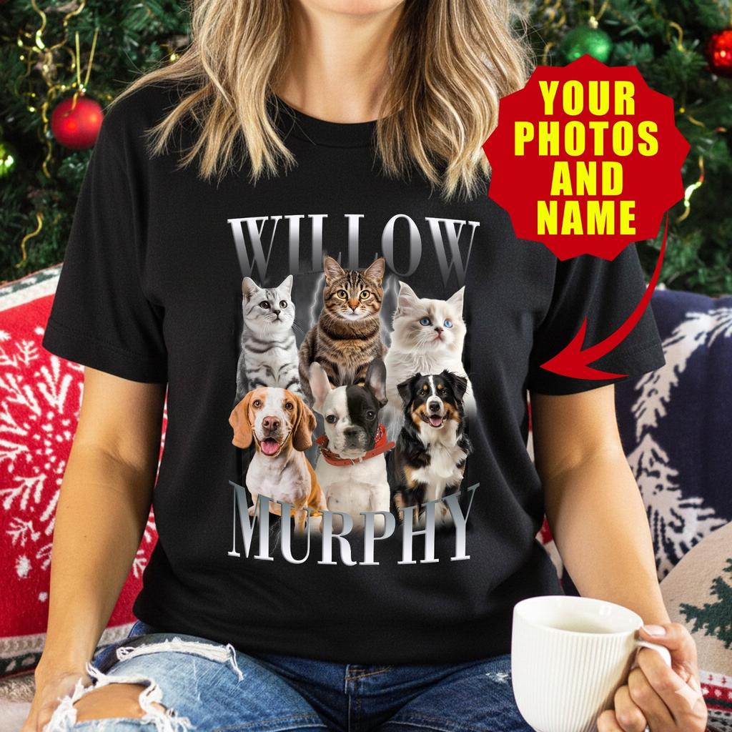 Personalised Pet Photo Bootleg T-Shirt Custom Dog Cat Name Christmas Gift Top