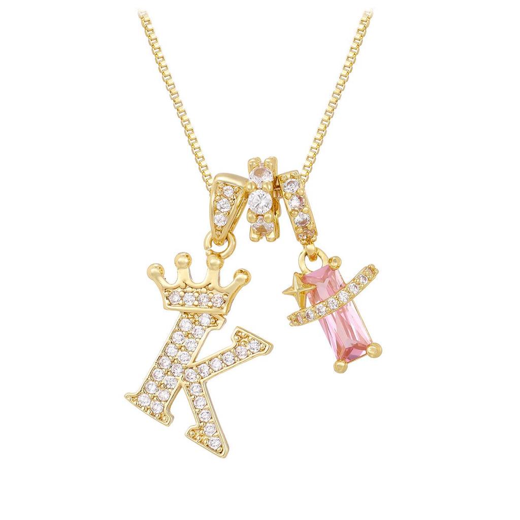 Copper Zirconia Letter Necklace with Gold-Plated Crown Pendant – Fashionable 26-Letter Accessory