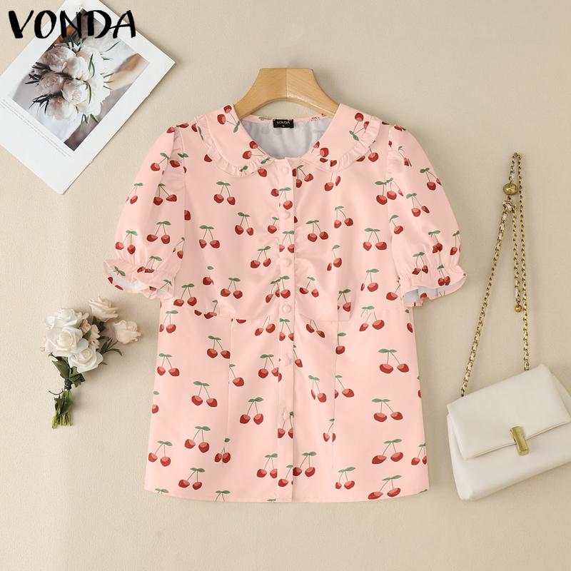 VONDA Women Summer Doll Collar Puff Sleeve Buttons Up Print Casual Blouse