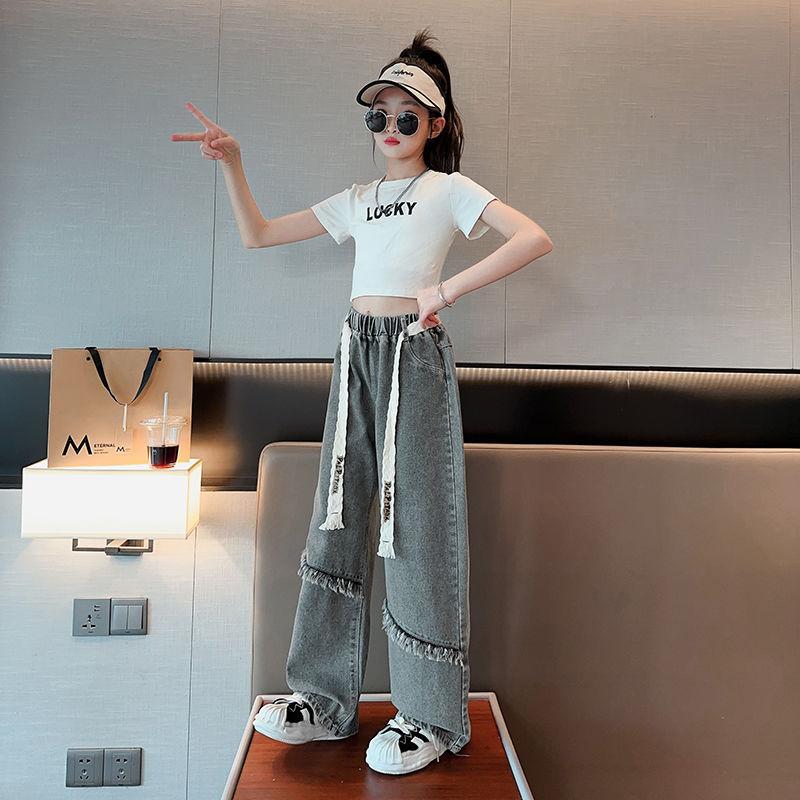 Dívčí džíny se širokými nohavicemi Jaro a Podzim Dívčí volné Internetová červená Retro modrá Rovná trubka Dětské kalhoty