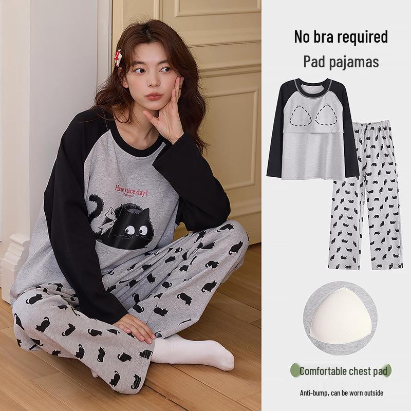 Women's Cloud Cotton Long-Sleeve Pajama Set with Chest Pads - Cute Cartoon Design for Autumn/Winter