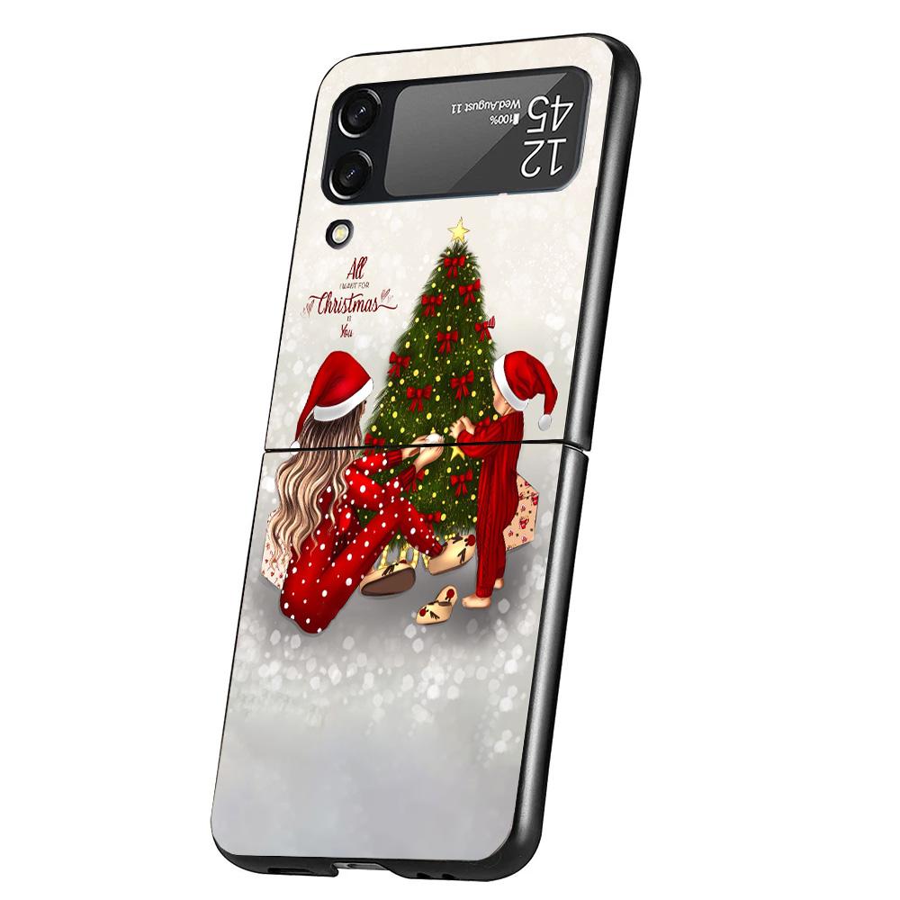 Christmas Girls Tree Gift Cover Phone Case For Samsung Galaxy Z Flip 7 6 5 4 3 5G Flip7 Flip6 Flip5 Flip4 Flip3 Black Fundas She