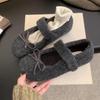 Fashion Women's Felt Mary Jane Shoes with Bow Detail Cozy and Cute Flat Shoes Woolen Fabric Flats Ladies Comfort Outdoor Warm Cotton
