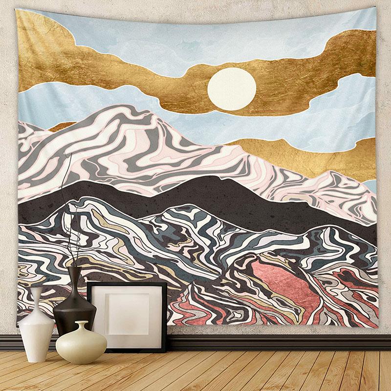 Nordic Mountain Sunset Printed Tapestry Natural Landscape Wall Hanging Cloth Beautiful Bedroom Background Decoration with Nails