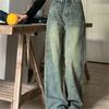 Women's High-Waisted Retro Washed Denim Jeans, Winter Slimming Wide-Leg, Plus Velvet, Floor-Length Straight Pants