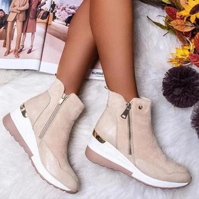 Botas de neve femininas cunha moda outono inverno zíper quente pelúcia plataformas sólidas coreanas casuais botas curtas tornozelo sapatos de algodão
