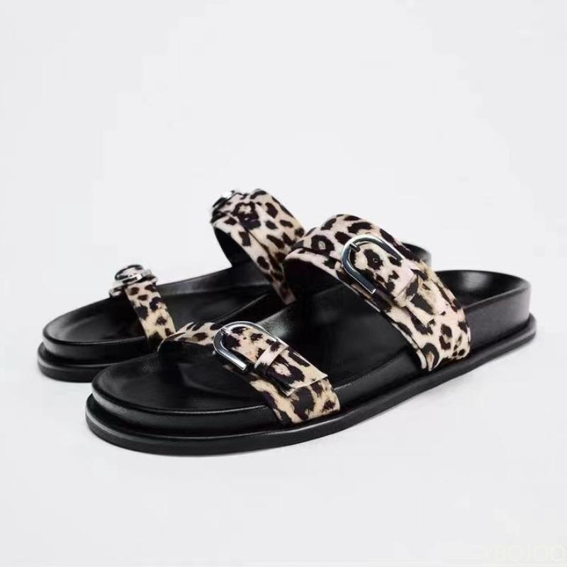 Fashion Summer Classic Woman Sandal Leopard Print Design Casual Slippers Thick Bottom Buckle Ladies Beach Shoes Open Toe Flat Footwear