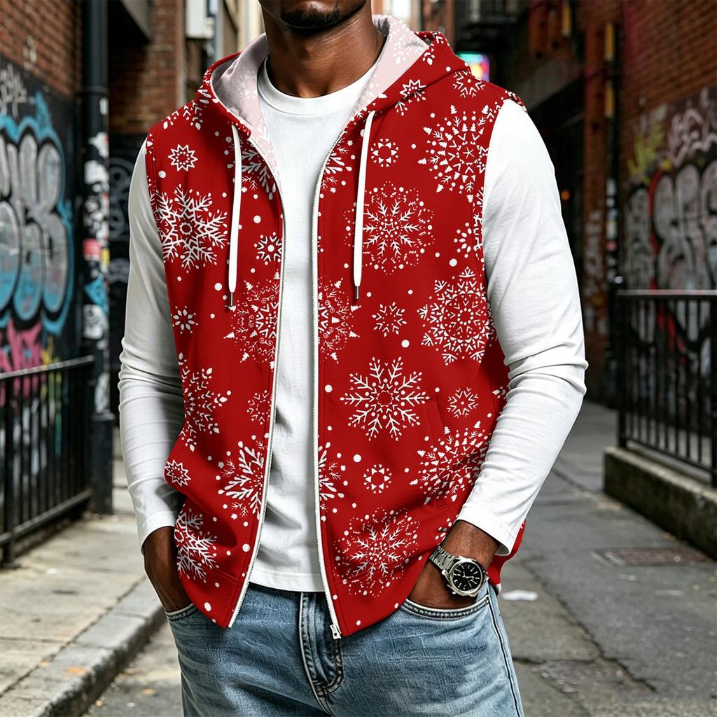 Herren Kapuzen-Ärmellose Lässige Reißverschluss-Sportweste mit Weihnachtsdruck Feiertagsparty-Outfit