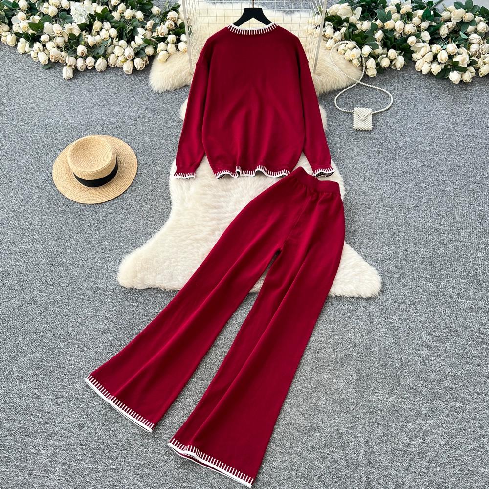 Höst Vinter Dam Casual Stickad Tröja Byxa Tvådelat Set Helärmad Pullover Toppar och Vida Ben Byxor Träningsoverall