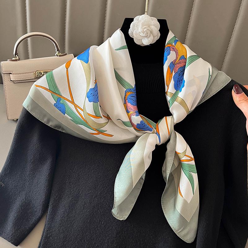 Elegant Skinny Silk Square Scarf Women Floral Print Foulard Neckerchief Head Hijab Bandana Bag Ribbon Lady Soft Satin Hairband