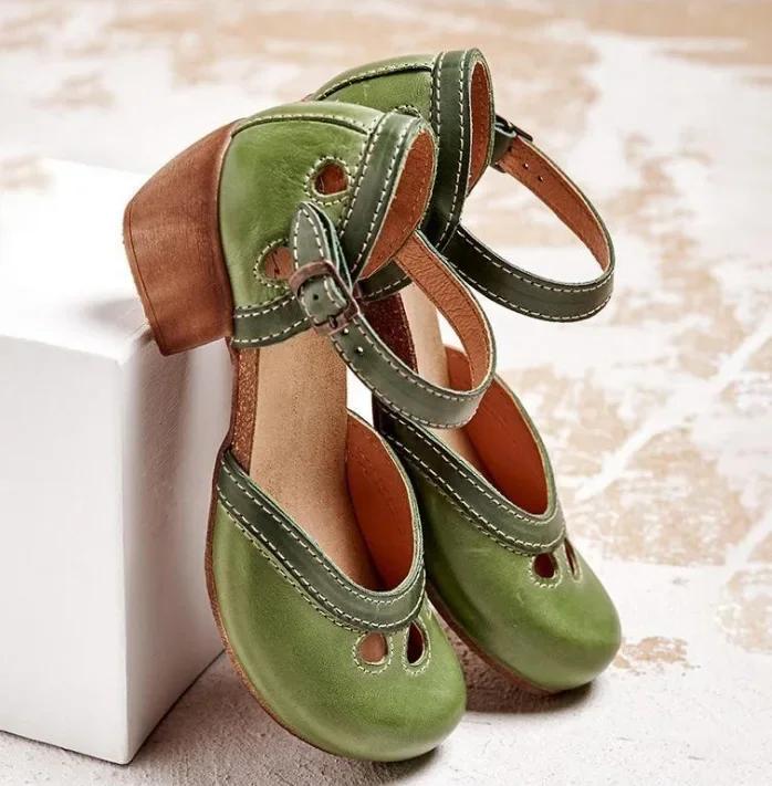 Scarpe Estive da Donna Tacco Medio Traforate Sandali Casual Eleganti Retro Scarpe a Tacco da Donna Caviglia Blocco di Colore Cinturini con Fibbia Sandali Femminili