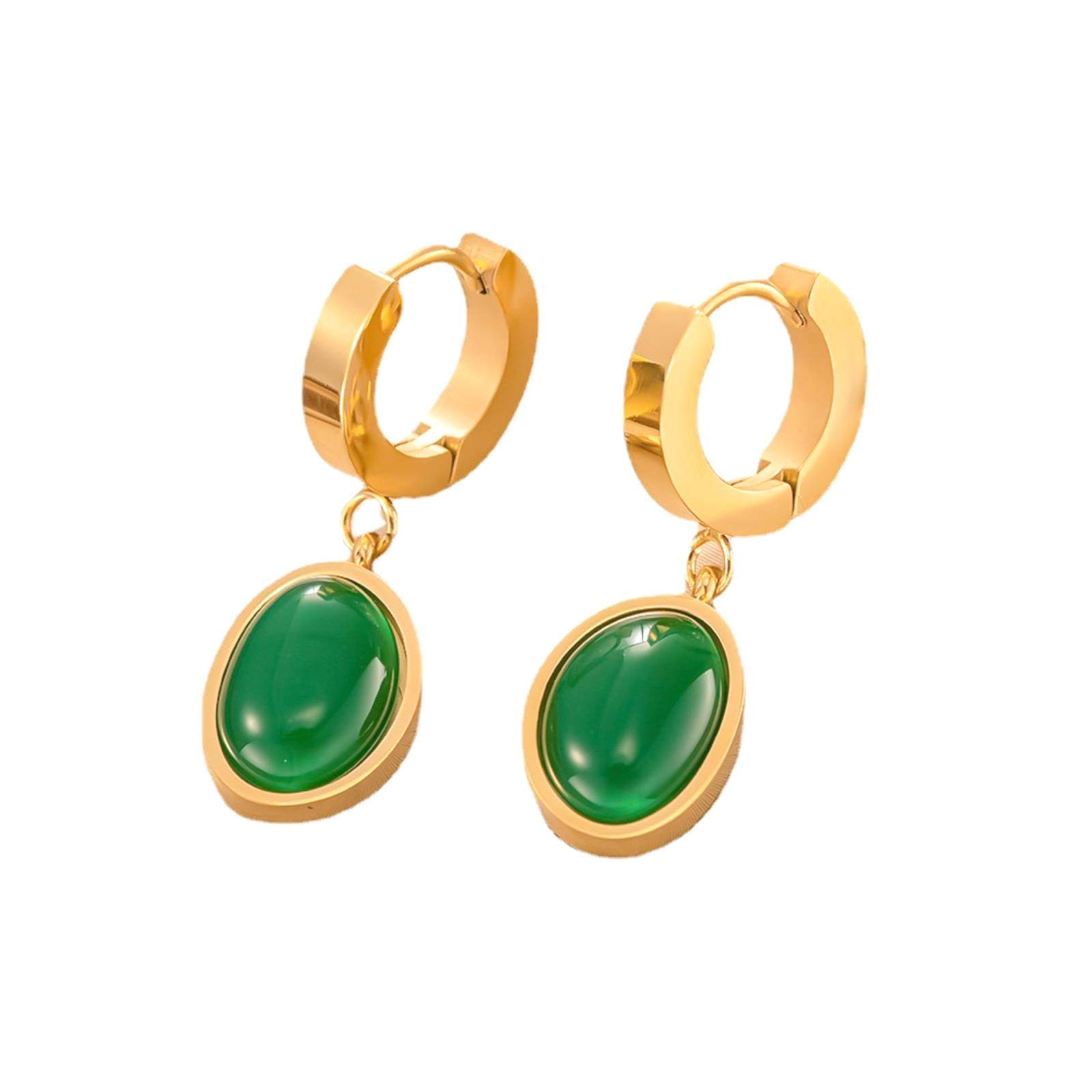 Inlaid Emerald Oval Pendant Necklace Bracelet Earrings for Women Girls Gifts Stainless Steel Jewelry Set