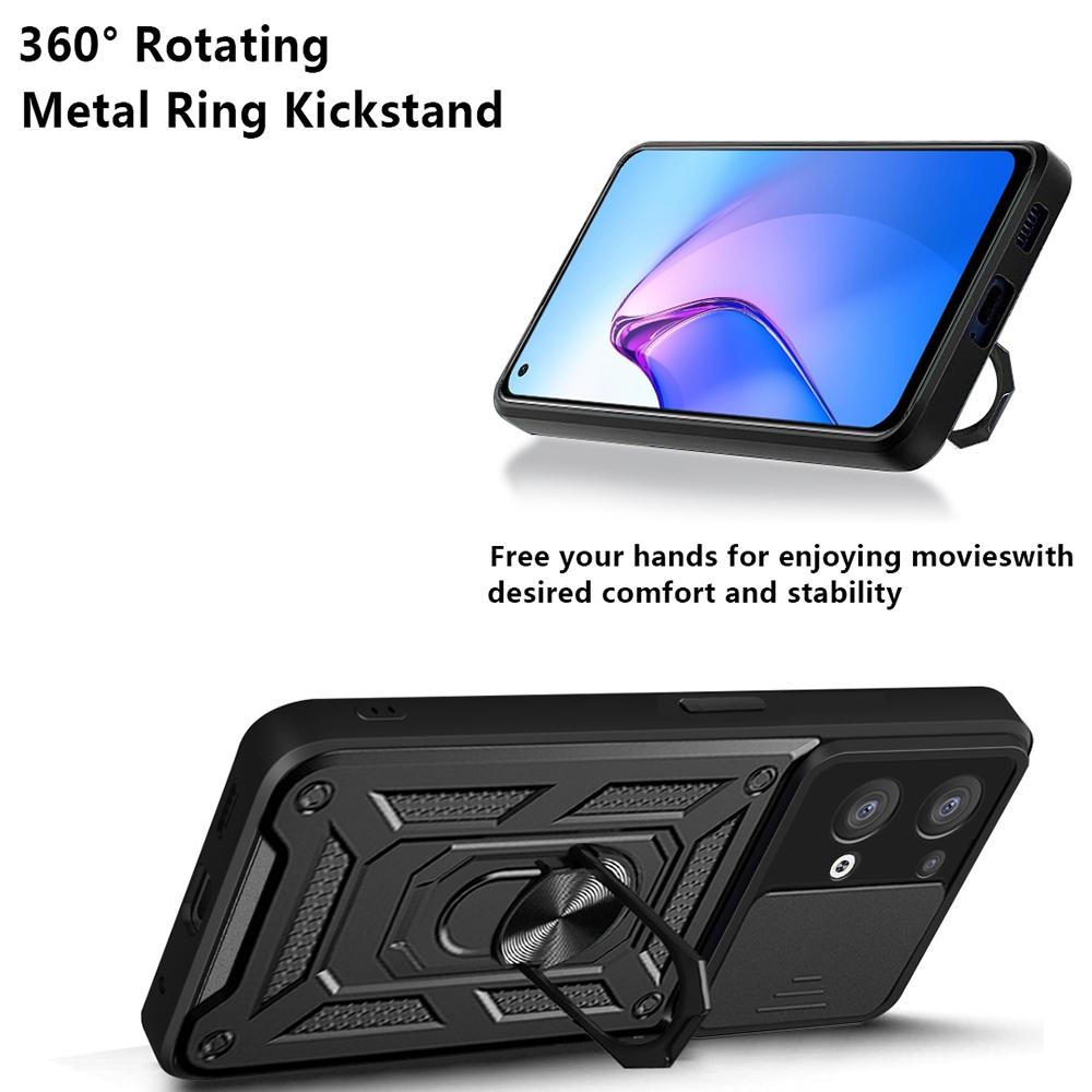 

For Oppo Reno8 5G (Global Version) Ring Kickstand PC+TPU Hybrid Cover Slide Lid Camera Protection Drop-proof Phone Case Black