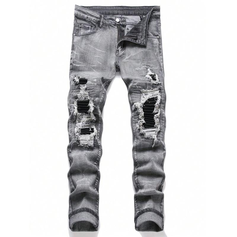

Мужские рваные прямые джинсы с градиентом, винтажные состаренные джинсовые брюки