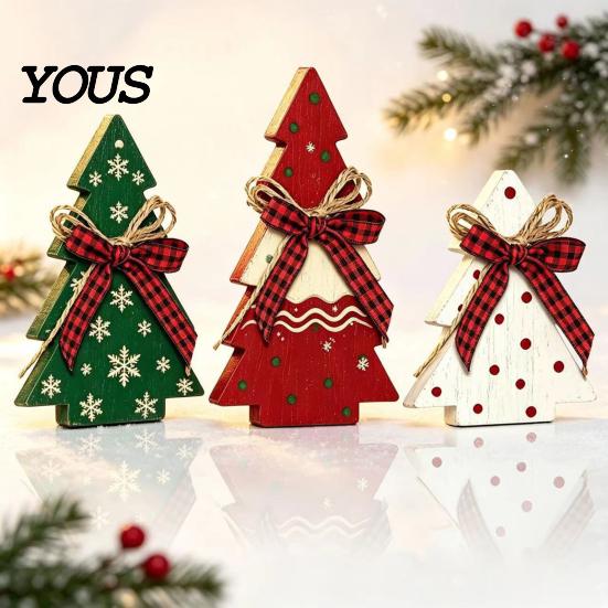 Rustic Christmas Tree Tabletop Ornaments 3Pcs Wooden with Plaid and Hemp Rope Bow, Farmhouse Indoor Decorations for Fireplace Polka Dot Xmas