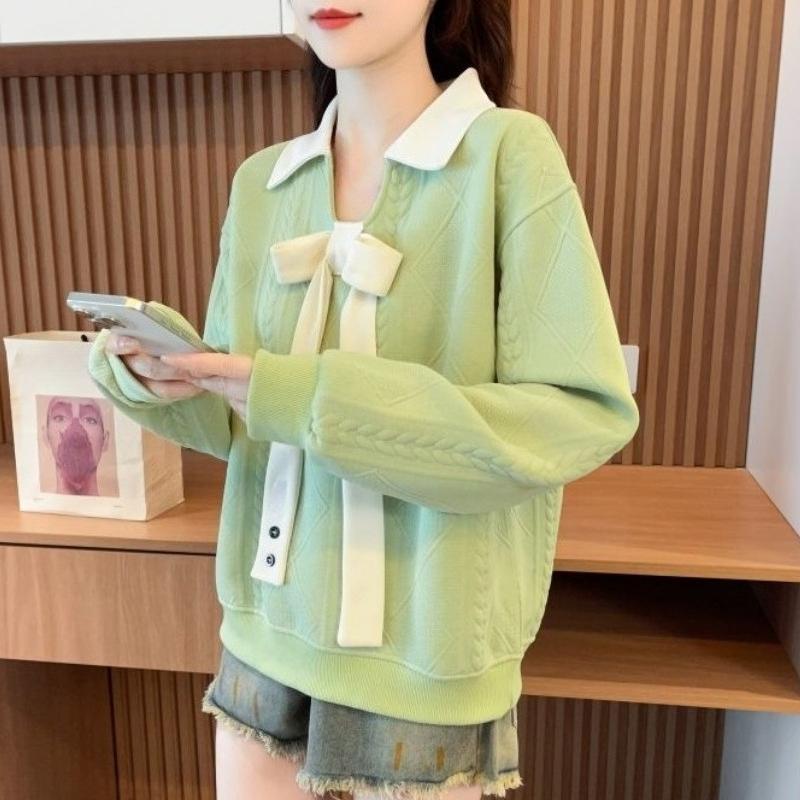Bow Tie Decoration Women's Sweatshirt Lapel Contrasting Solid Color Long Sleeved Pullover Korean Version Autumn New Style Loose Woman Top