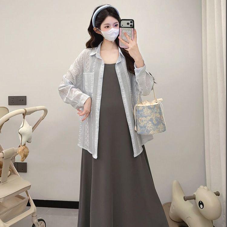Trendy Korean Style Maternity Two-Piece: Long Sleeve Shirt & Camisole Skirt Set for Spring/Summer M
