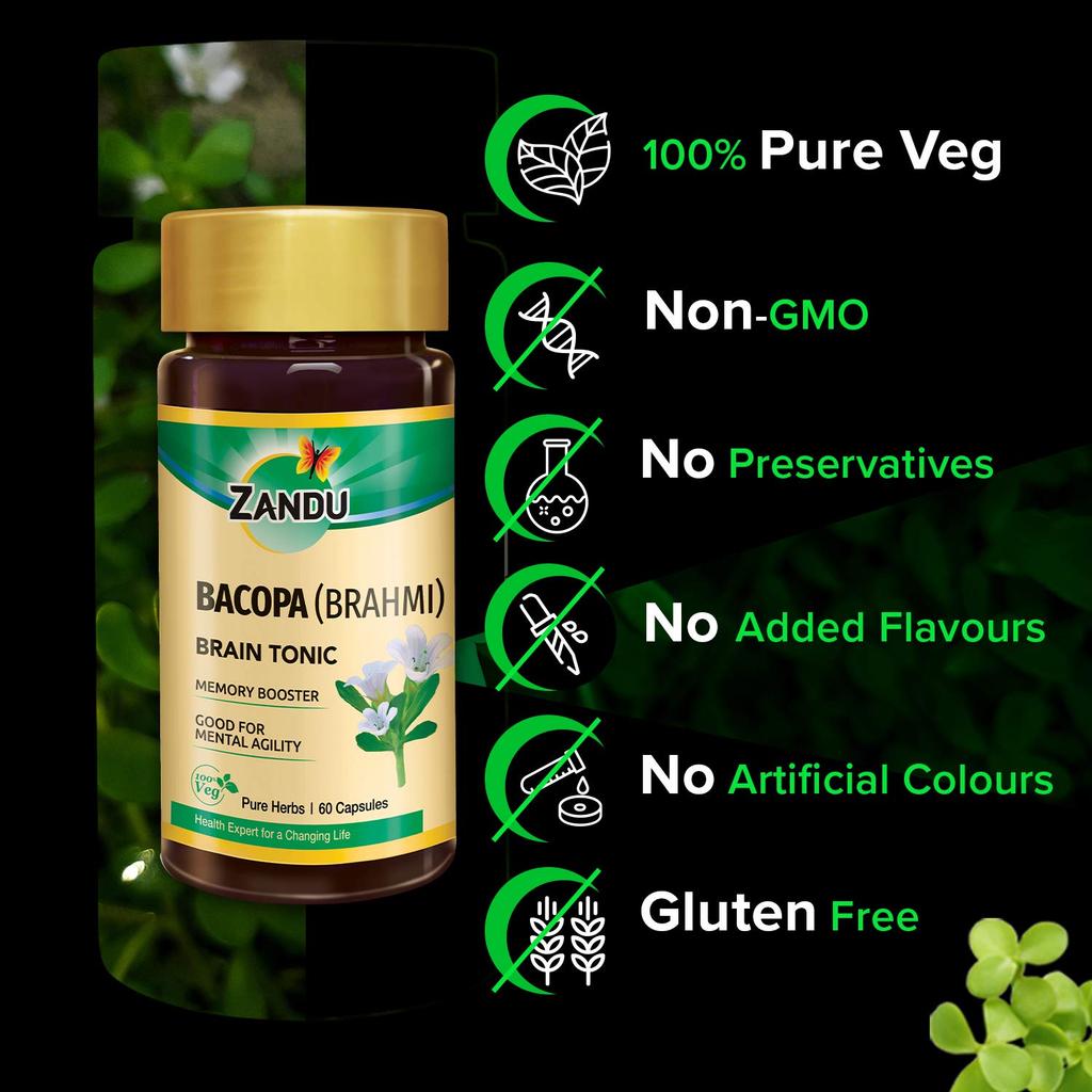 Zandu Bacopa Brahmi Capsules 60 Veg Ayurvedic Herbal Supplement for Focus, Concentration & Mental Clarity
