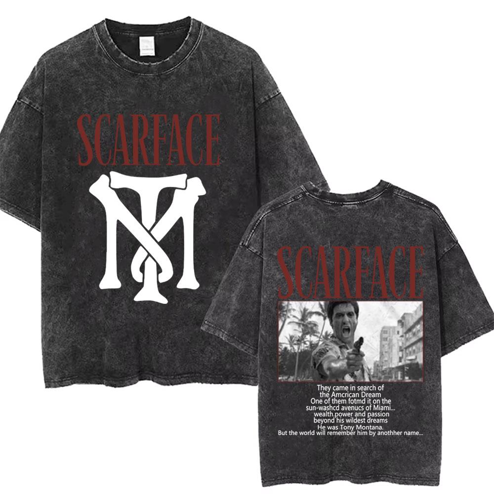 Movie Scarface Vintage Washed Tshirt Tony Montana Face Al Pacino Oversized Tshirts Men Women Fashion Hip Hop Gothic T Shirts