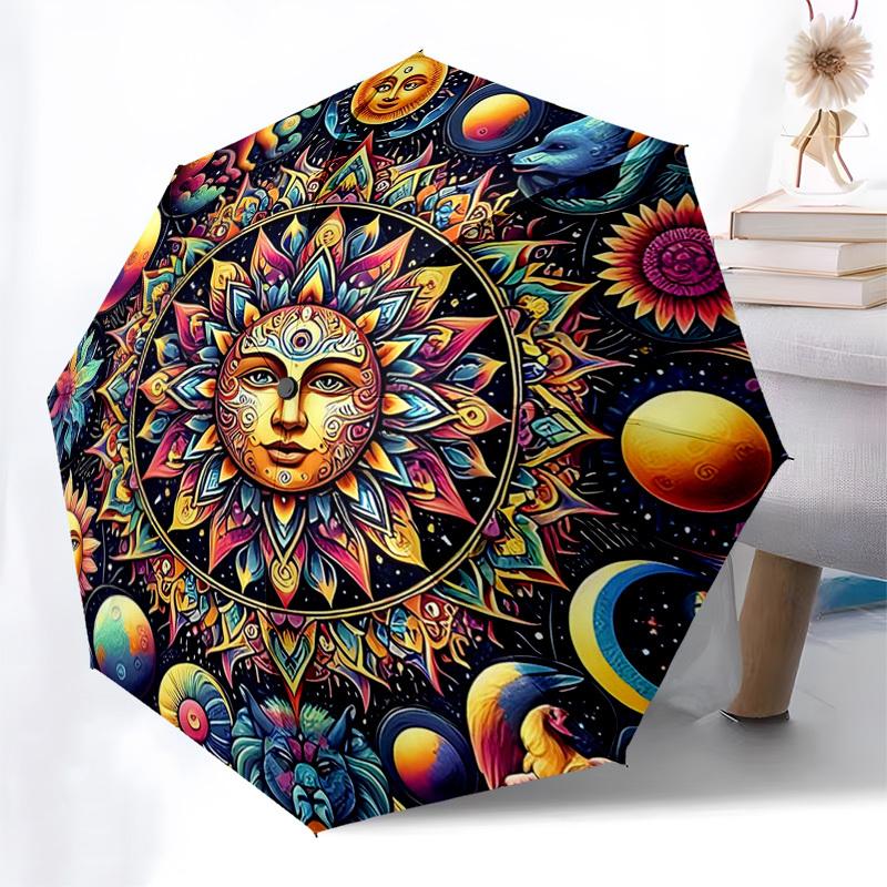 

1pc Automatic Folding Umbrella with Mandala Design - Portable Tri-Fold Design, 8-Bone Iron Frame Outdoor Umbrella, Perfect Festival Gift for Fans, Tra