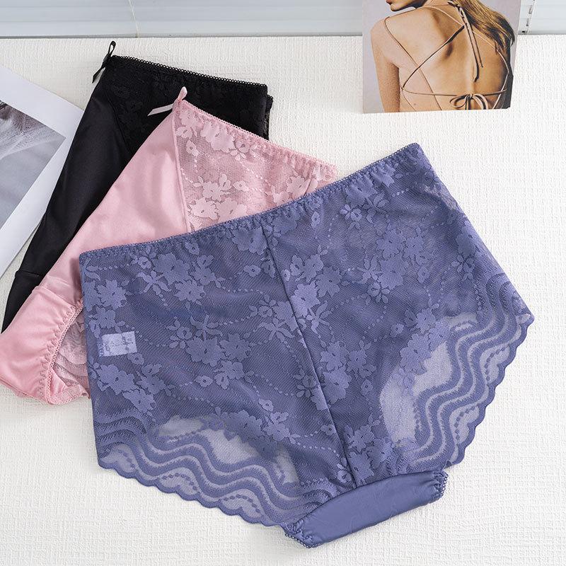 Big Size Lady Sexy Lace Hollow Bow Without Mark Pack Hip Lift Hip High Waist Triangle Briefs