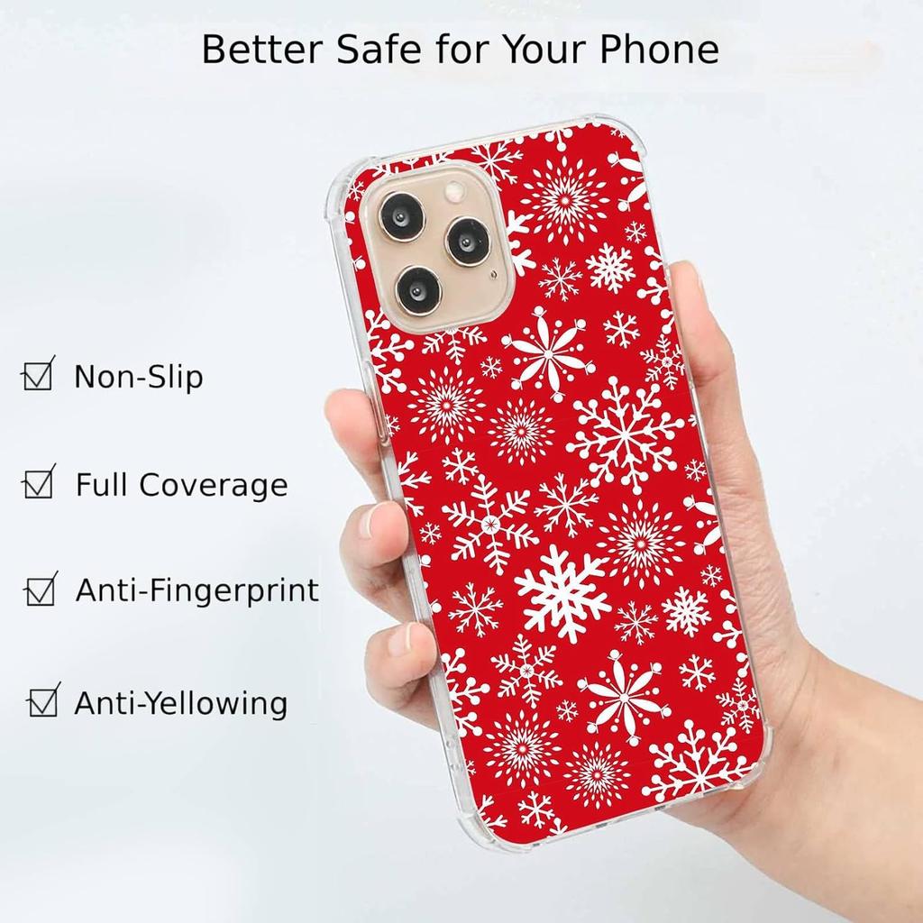 Red Christmas Snowflakes Phone Case Compatible with iPhone 14 Pro Max, Aesthetics Christmas Snowflakes Silicone Shockproof TPU Bumper Protective