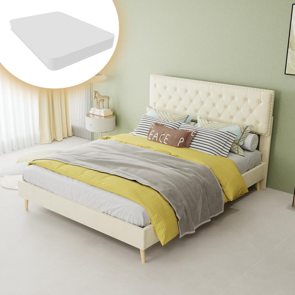 Modern minimalist soft bed, 140*200CM, beige, multifunctional bedroom furniture, low box bed frame without lifting rod, include140*200cm mattress.