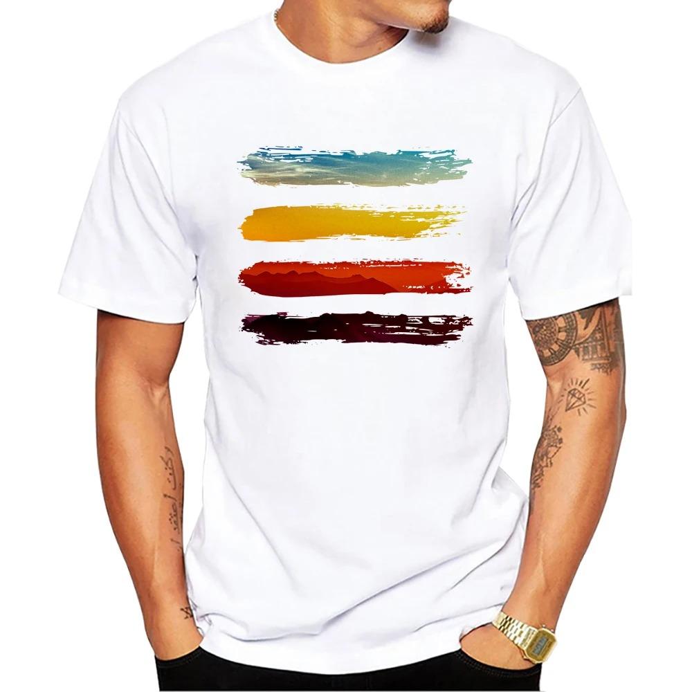 TEEHUB Mountain Sunset Brushstrokes Men T-Shirt African Safari Sunset T Shirts Short Sleeve Tshirts Geometric Harajuku Tee