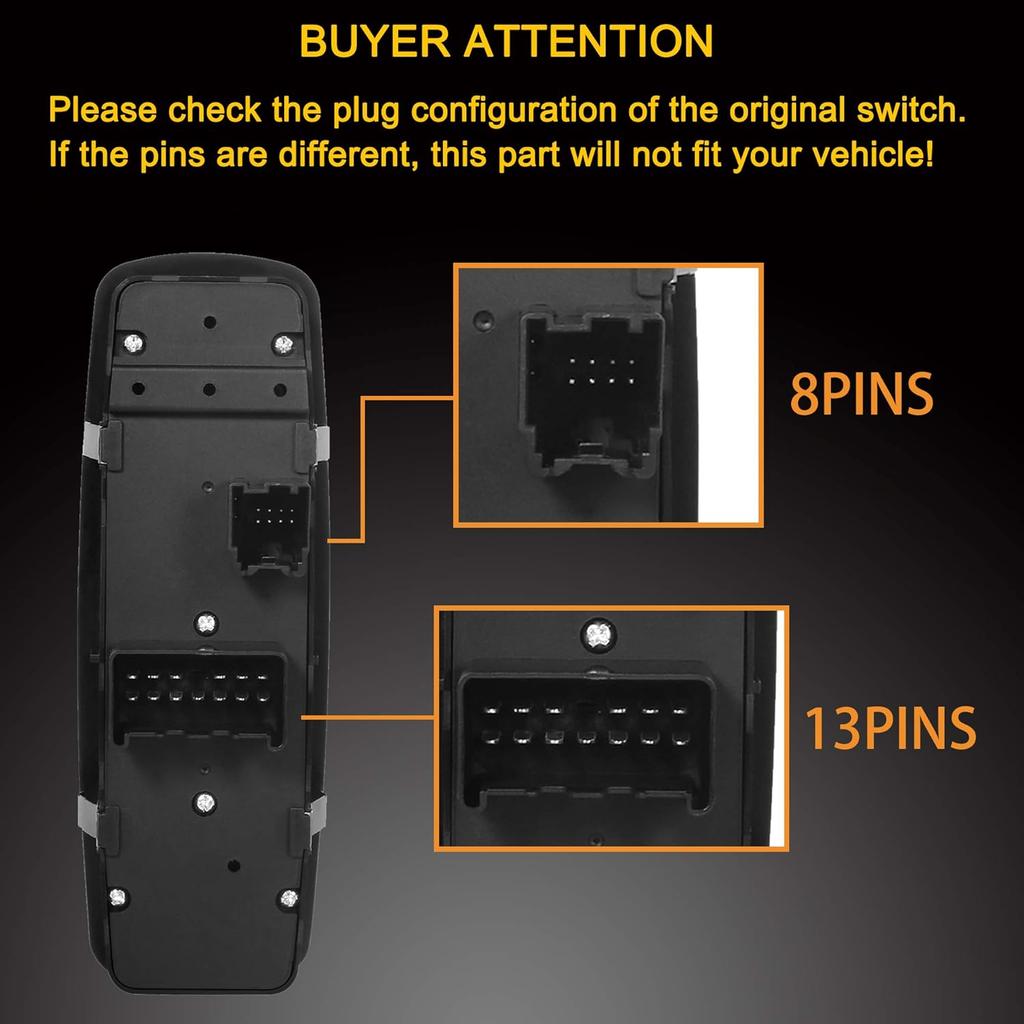 Master Power Window Switch | 8+13 P Check Required | Replacement For 2011-2016 Dodge Journey | Replaces# 68084001AD, 68084001AC, 68084001AB