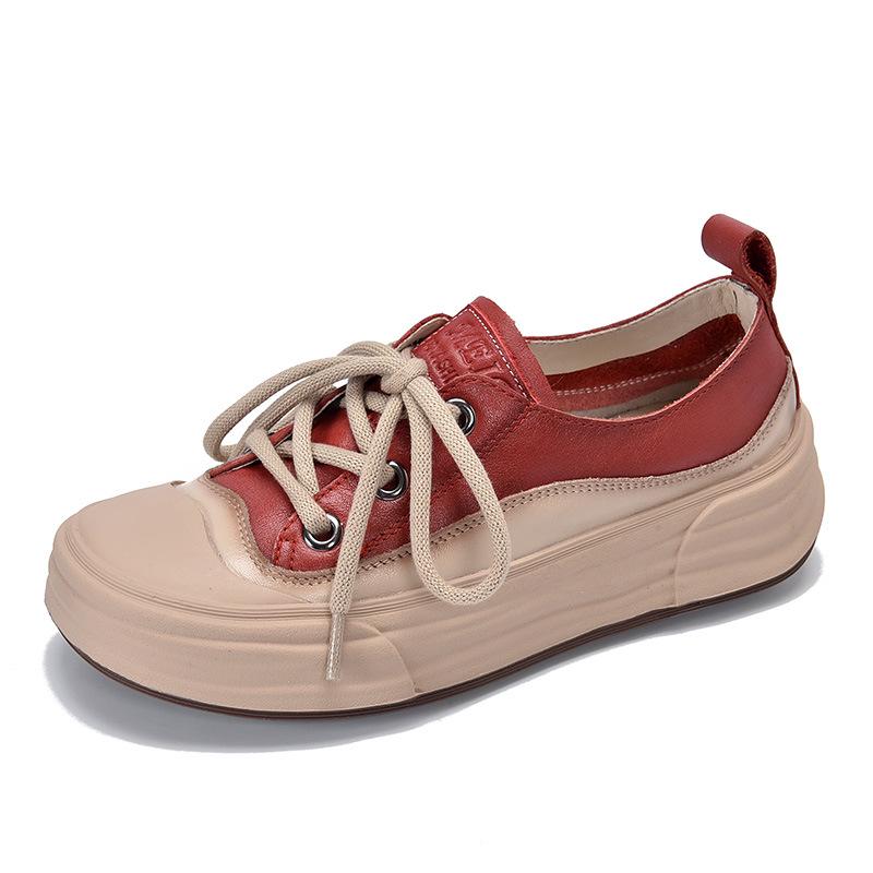 Women's Round Toe Lace-Up Leather Sneakers - 2025 Spring Collection