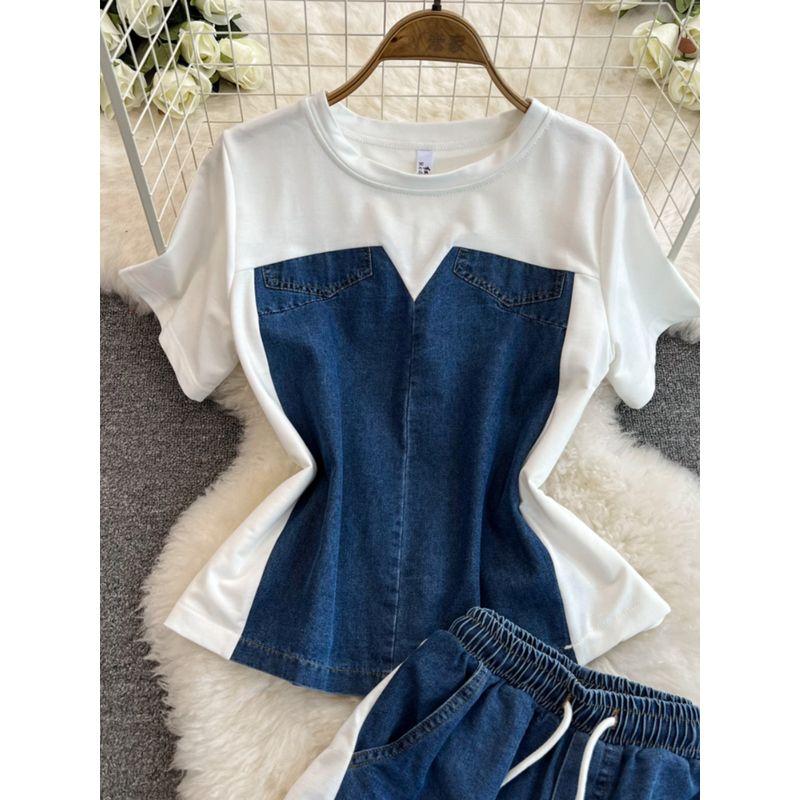 Chic Hong Kong Style Suit Women's Stylish Short Sleeve T-Shirt Patchwork Denim Tops + High Waist Casual Straight Pants Two-piece Set