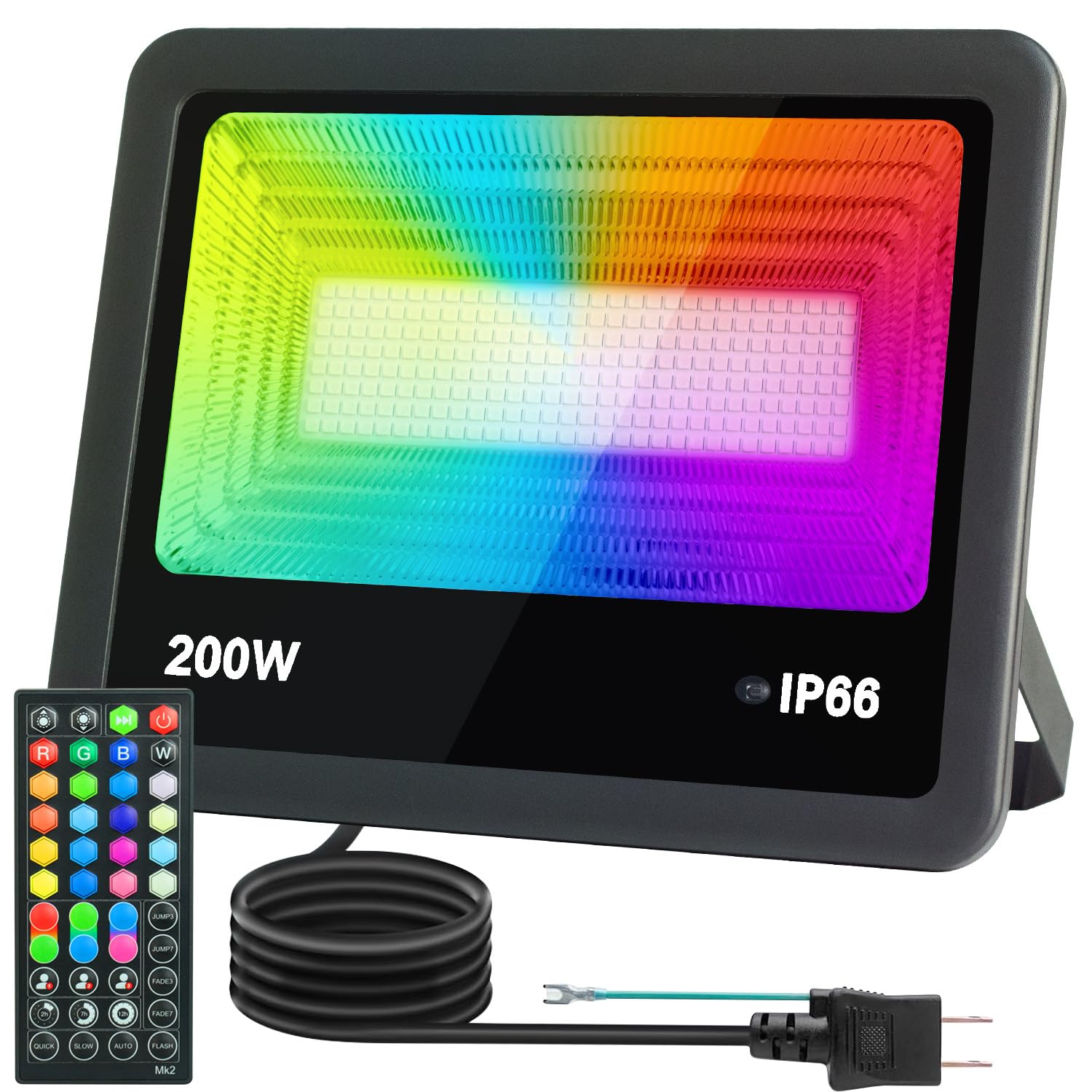 

RGB Floodlight, 200W LED (equivalent to 1000W), Bright, Energy-Saving, IP66 Waterproof, Remote Control, 6 Lighting Modes, Timing Function, Dimmable,