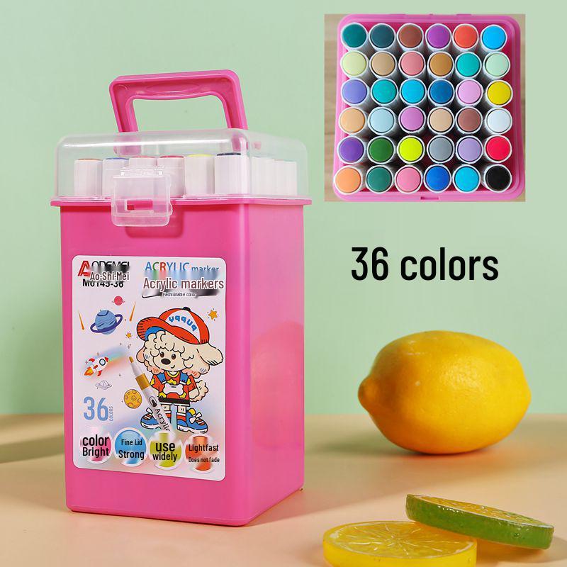 36-Color Acrylic Markers Set: Student Art & DIY Bullet Journal Pens in Handheld Square Box