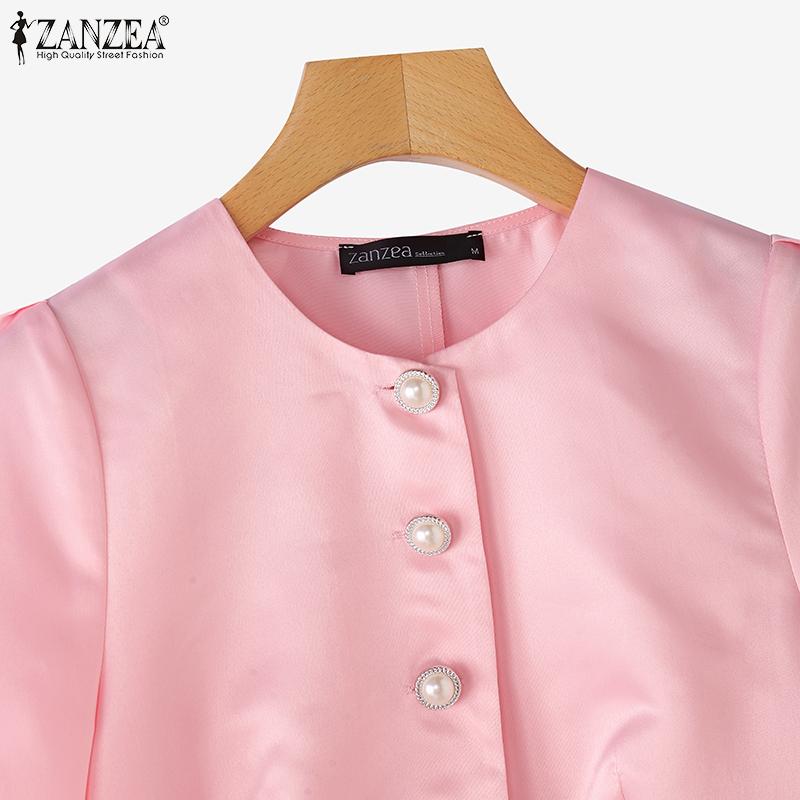 ZANZEA Women Casual Round Neck Solid Color Summer Short Sleeve Blouse