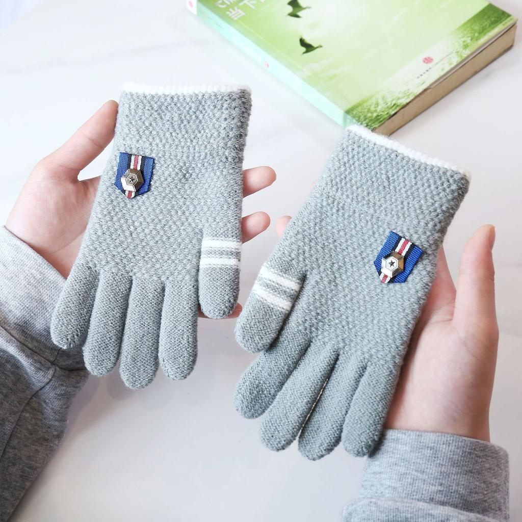 Winter Warm Gloves for Students Five Finger Separate Wool and Velvet Thickened Solid Color Full Finger Gloves