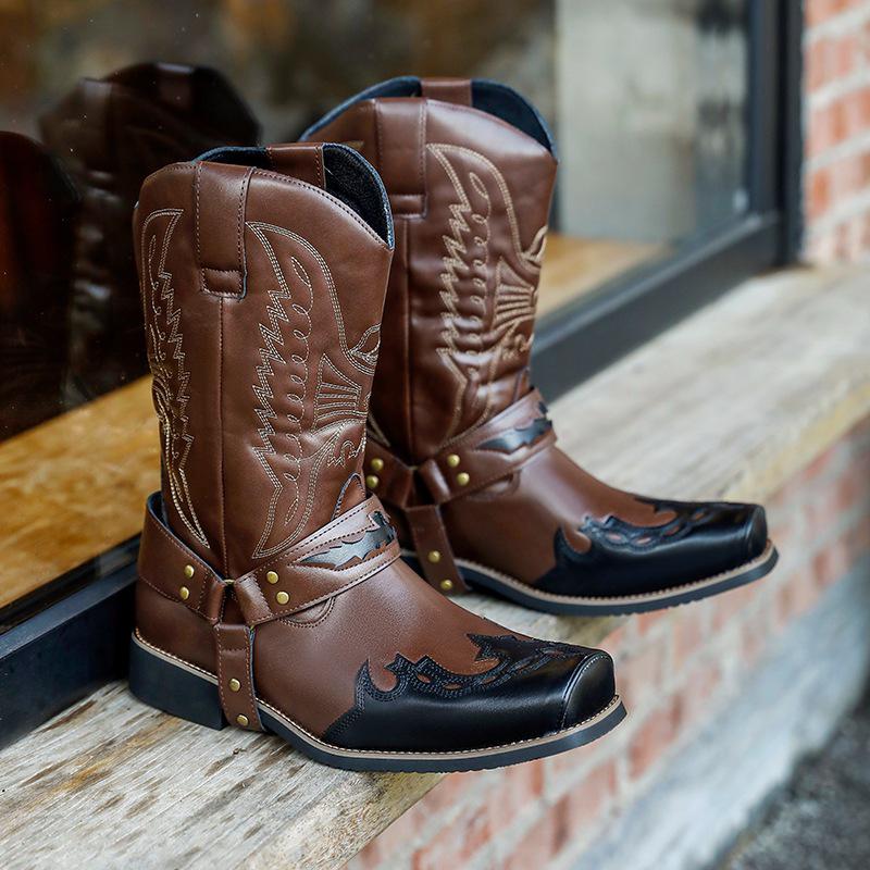 Men's Large Size Western Cowboy Leather Boots - Autumn Embroidered, Square Toe, High Top.