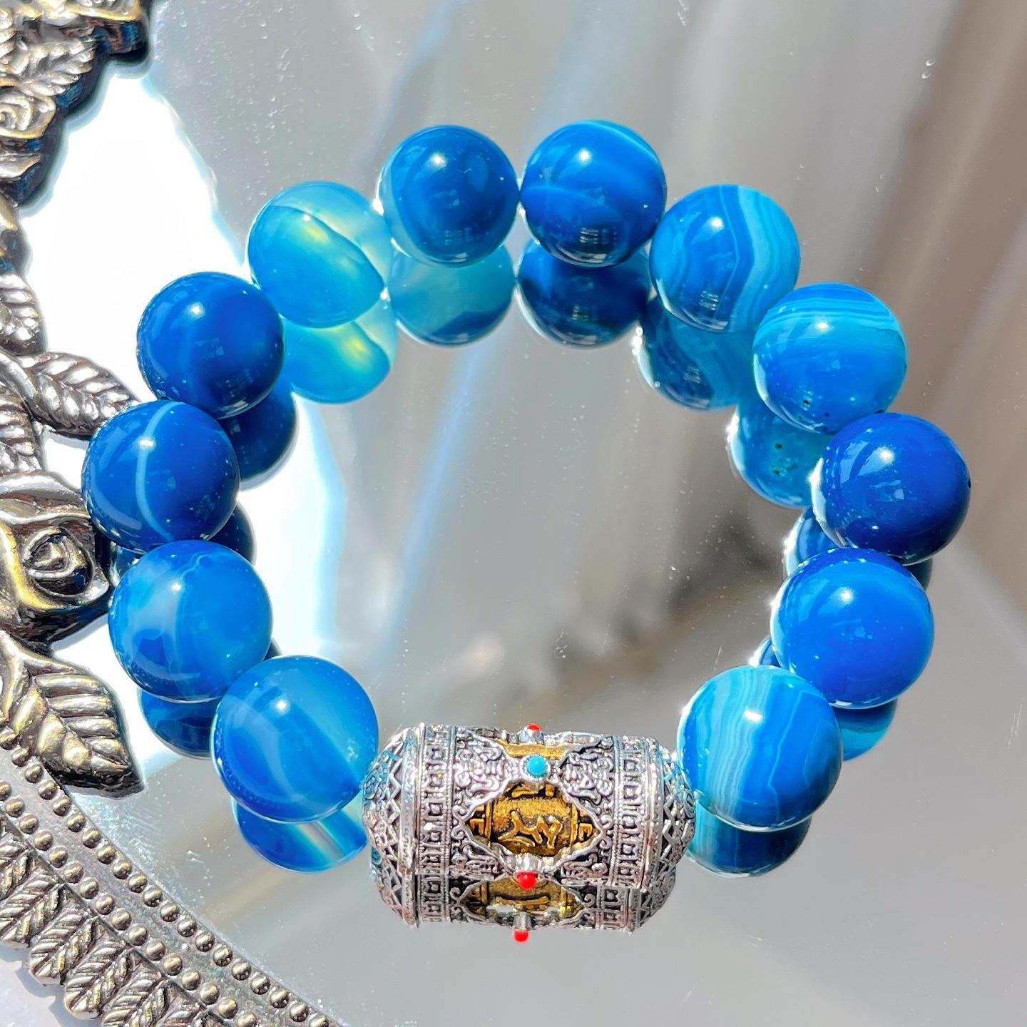14Mm Large Particle Natural Blue Chalcedony Design Bracelet Bracelet