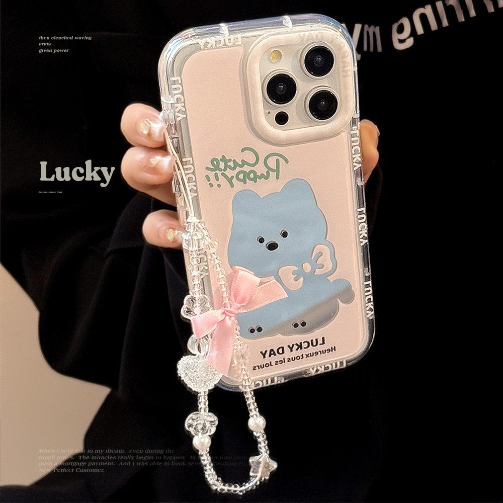 Pink Puppy Mirror for IPhone 16 Mobile Phone Case 14 ProMax Girl for IPhone 15 for 17 Bow Hanging Chain 11