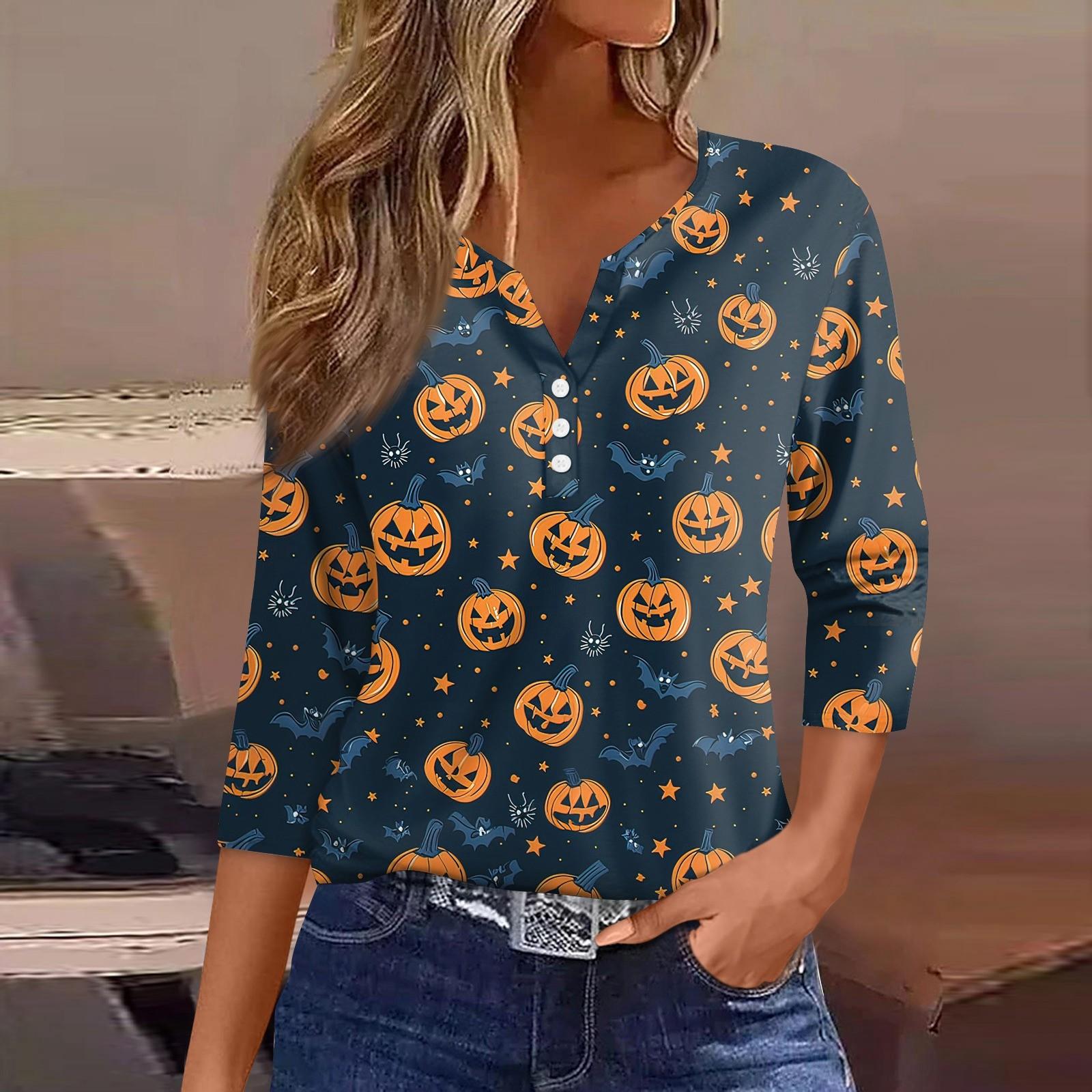 

Женская футболка с принтом на Хэллоуин, на пуговицах, рукав 3/4, повседневная мода на выходные, базовый топ с V-образным вырезом M тёмно-синий