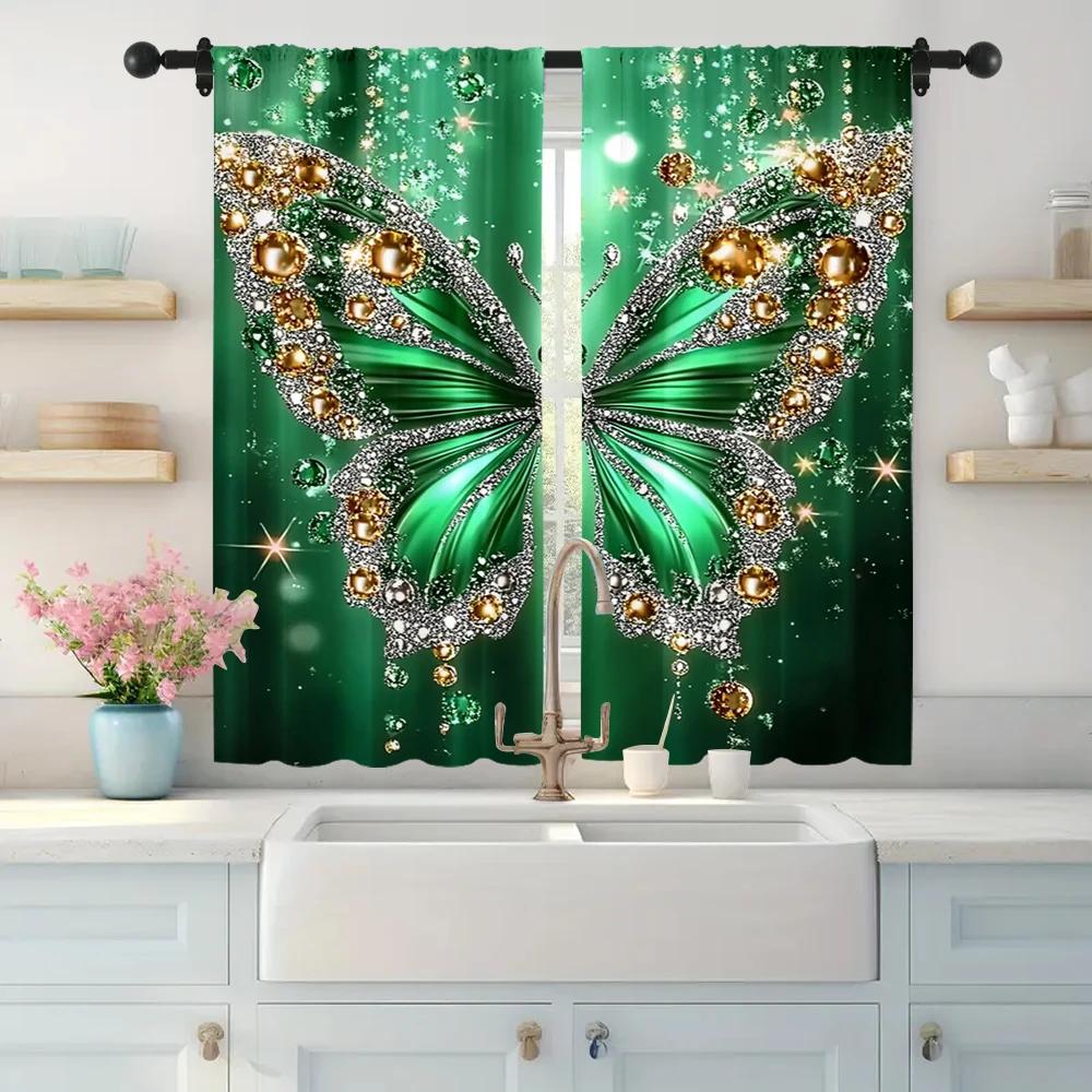 2pc  Curtains  Diamond Pearl Butterfly Machine Washable Fabric  Without Electricity Festive Holiday Suitable for Classroom