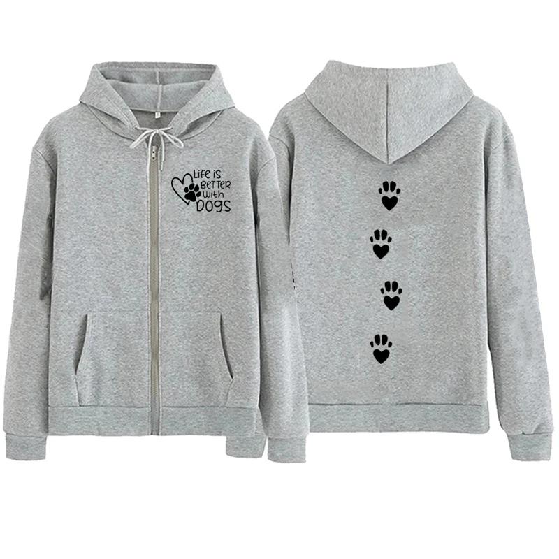 

Женская Жизнь Лучше с Собаками Буква Толстовка на Молнии Осень Зима Повседневная Уличная Спортивная Куртка Пальто Флисовые Толстовки 3XL