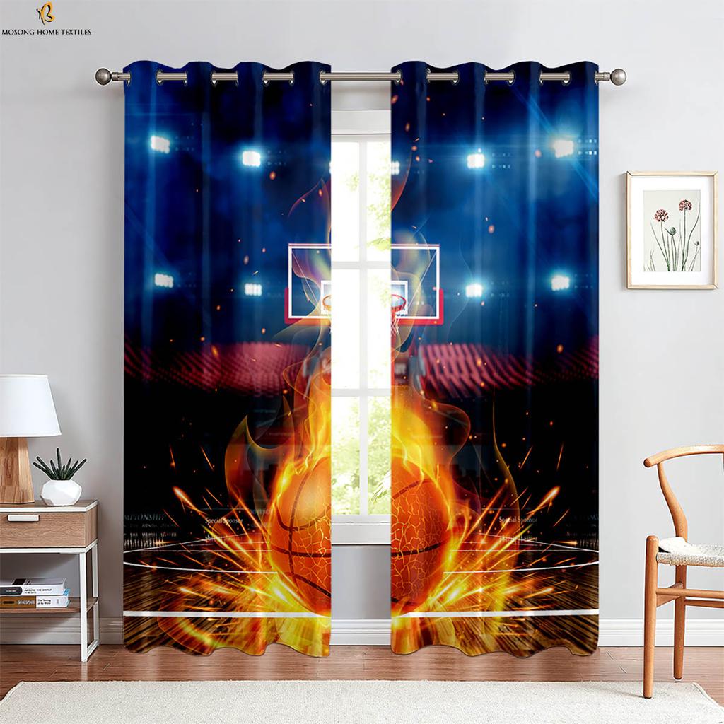 2-delade Flamma Basketboll 3D-tryckta Gardiner Polyesterfiber Maskintvättbara Sovrum Vardagsrum Kök Dekorativa Gardiner