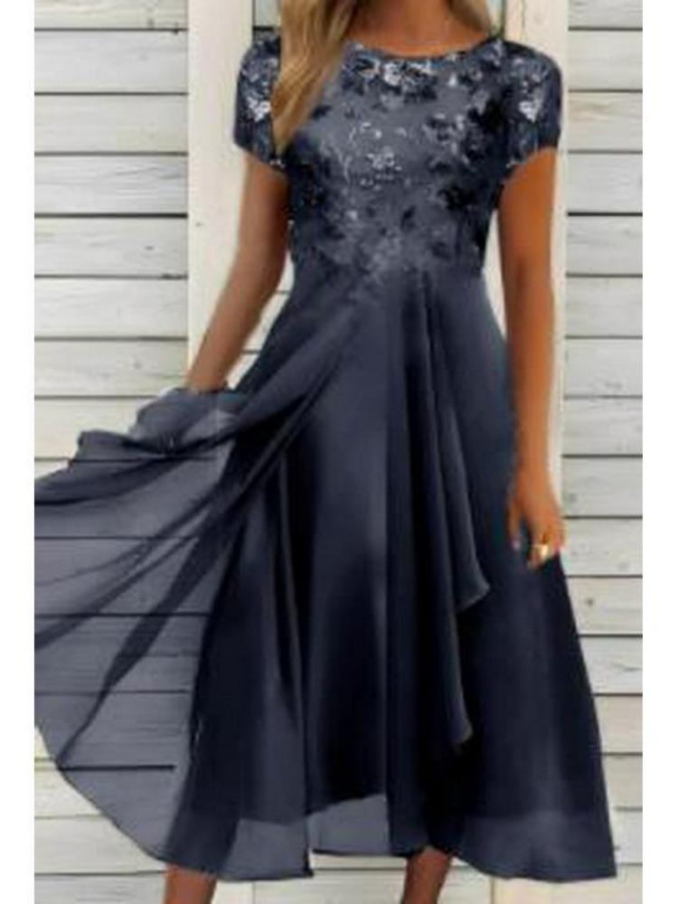 

Long Swing Evening Gown European American Chiffon Sequin Print Dress S