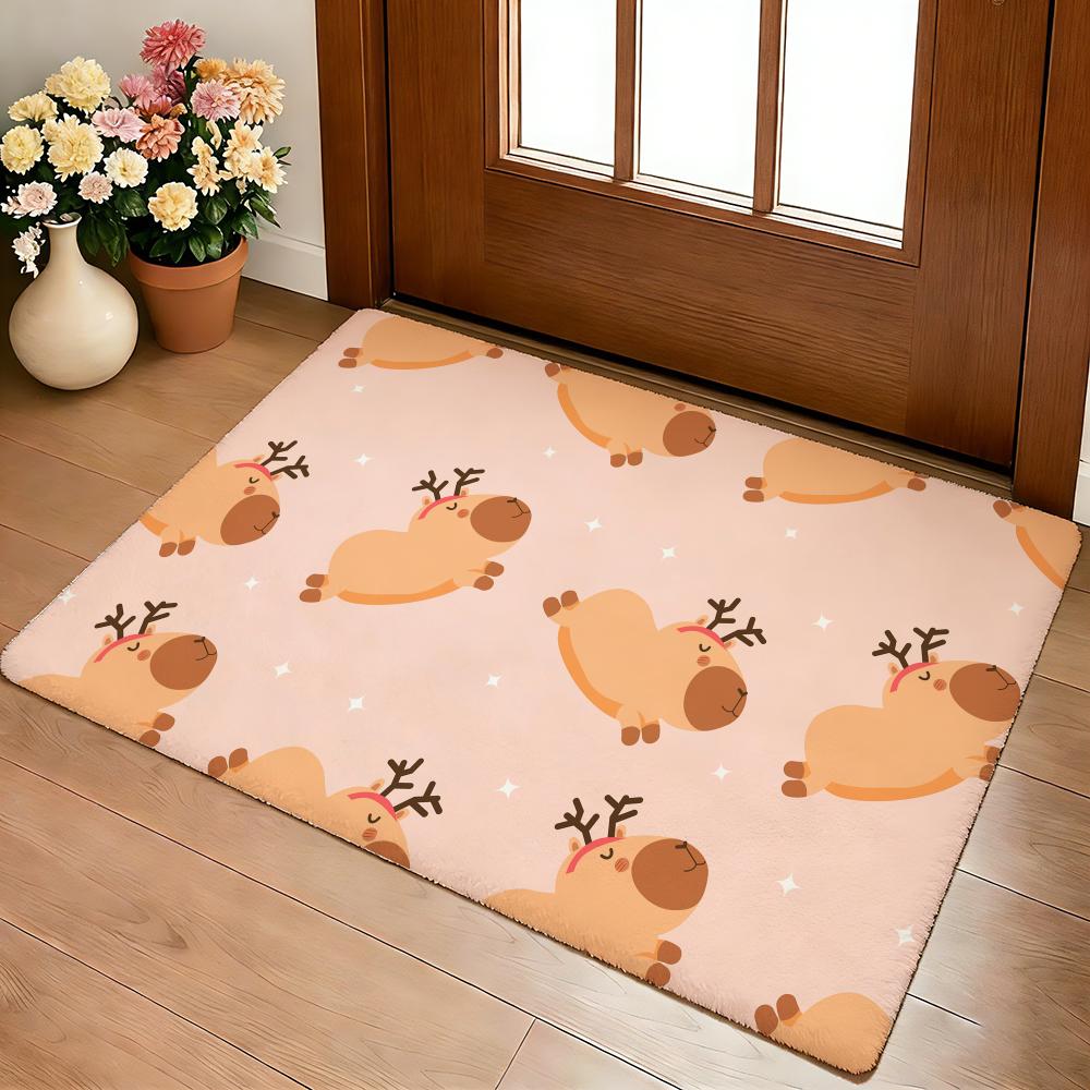 Cute Capybara Pattern Floor Mat Cozy Flannel Soft Thick Non-Slip Mat For Living Room Bedroom Kitchen Decor Rugs